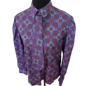 Vtg Womens Purple Blouse Large Purple Geometric Button Up Neck Tie 1980s Poly